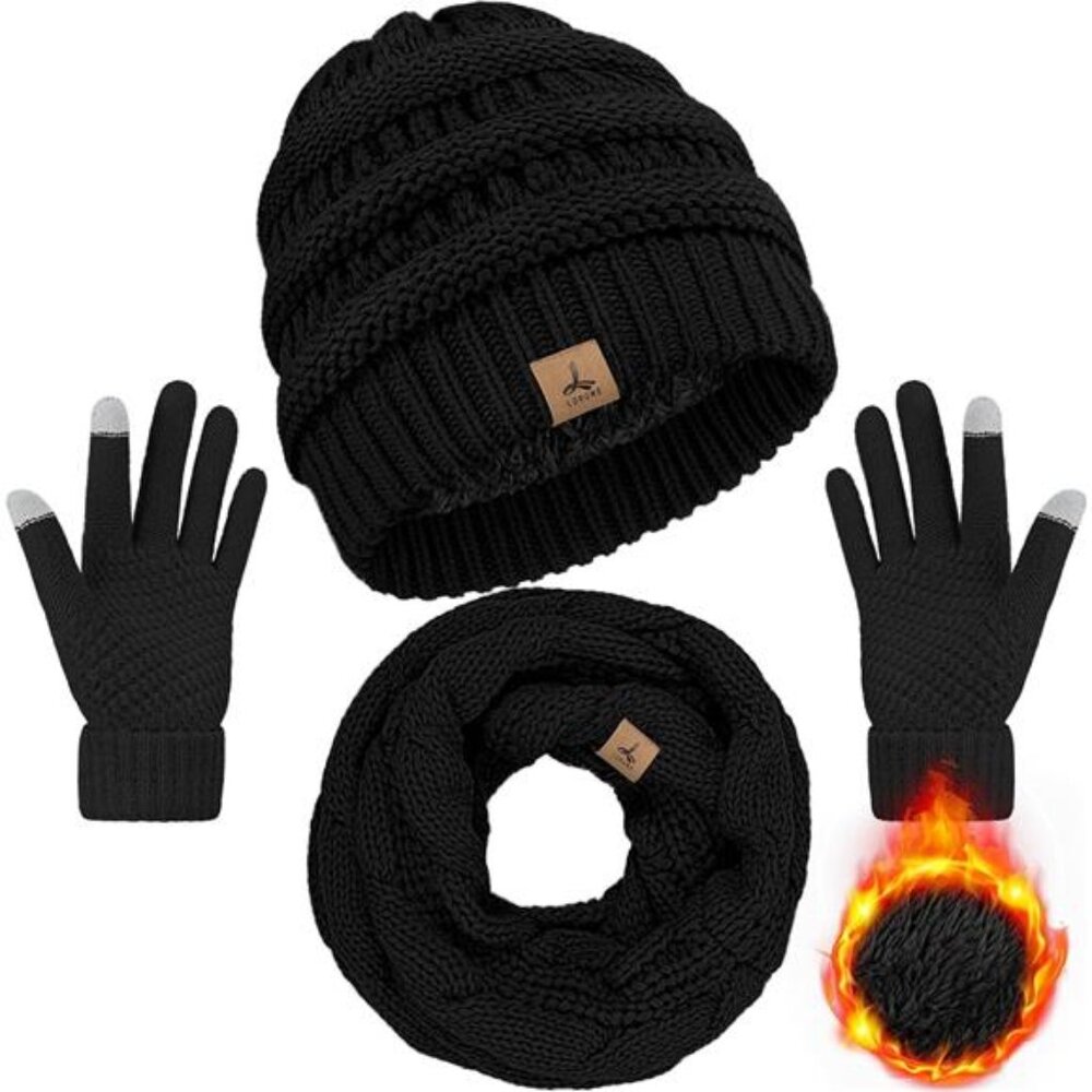 Winter Beanie Scarf Gloves Set Warm Knit Hat Touch Screen Gloves Unisex Adult